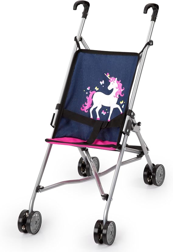 Bayer Design Doll Buggy - Folding Stroller for Dolls up to 18 Inches, Blue | Lightweight navy and pink stroller with unicorn graphics, dual wheels, safety belt, and a compact folding frame for travel