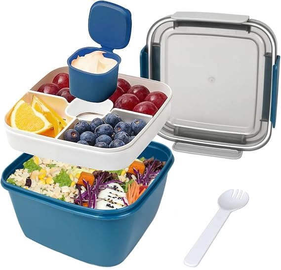 SEGNAYEN Salad Lunch Box, 1500ml Large Salad Container, Meal Prep Salad Bowl Boxes with Lid, 5-Compartment Tray, Dressing Pot, Cutlery, Lid for Adult Packed Fruit Snacks, Blue