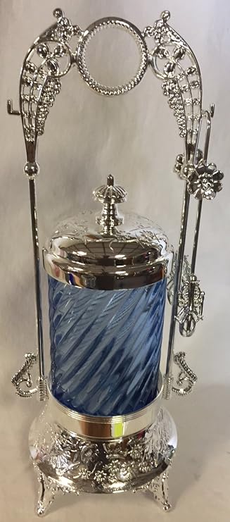 Pickle Castor w/Tongs & Glass Insert - Old Fashion Victorian Style (Blue Spiral)