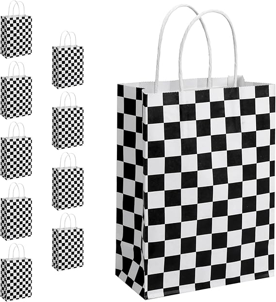 JasperKino 10 Pcs Checkered Racing Treat Bags Race Car Party Favors Bag with Handles Black and White Checkered Racing Flag Candy Bags Goodie for Race Car Themed Birthday Party Supplies
