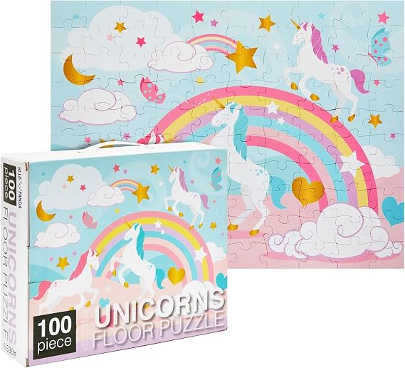 Blue Panda Unicorn Floor Challenge for Kid Girl - 100 Pieces, 2.3 x 3 ft, Rainbow Style - Educational Activity & Hands-On Fun for Kids