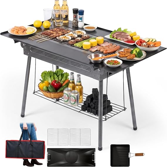 Portable Outdoor Charcoal Grill, 3-in-1 Grill with Storage Shelf