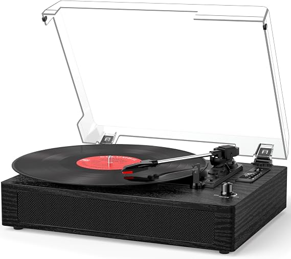 Vintage Vinyl Record Player with Built-in Speakers, 3-Speed Belt-Drive Turntable, Bluetooth Playback, USB/TF Recording, Auto Stop, AUX/RCA Out, Black Wood