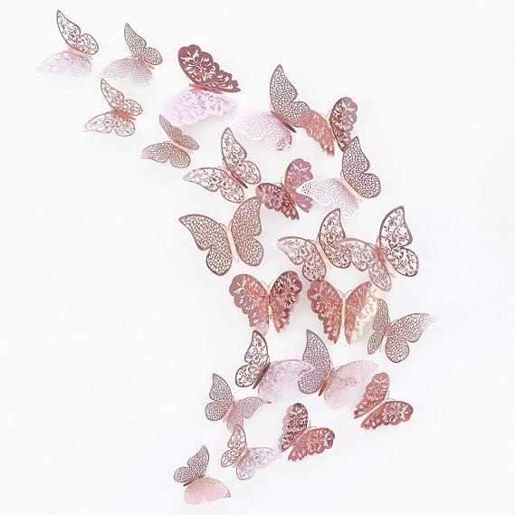 Butterfly Decorations,3D Wall Decals,Metallic Art Sticker,DIY/Man-Made/Removable/Decorative Paper Murals for Home,Bathroom,Livingroom,Kids/Girls Bedroom,Nursey,Party Décor.(36 PCS) (Rose Gold)