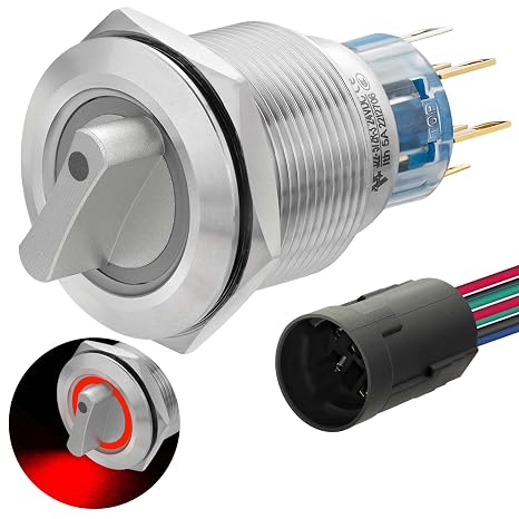 UL Listed 3 Position Rotary Switch 22mm 12V-24V DC/AC, Latching Selection Switch 5Amp 2NO 2NC 8Pin On Off On 7/8" Mounting Hole Red LED