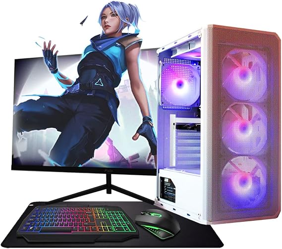 Asc Technology Quad Core Gaming PC Bundle - AMD Ryzen 3 3200G, 16GB DDR 4 RAM, 1TB SSD, Radeon Vega 8, Windows 11, White RGB Gaming Case, 22" Monitor, Keyboard/Mouse/Headset.