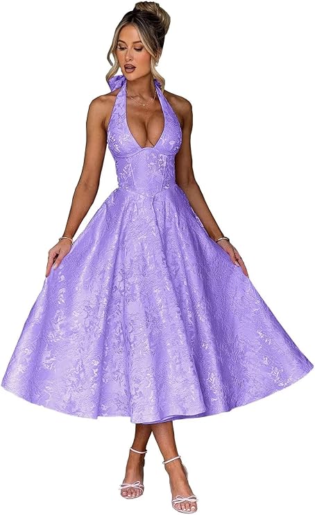 UZN Halter Tea Length Prom Dresses 2026 Jacquard Satin