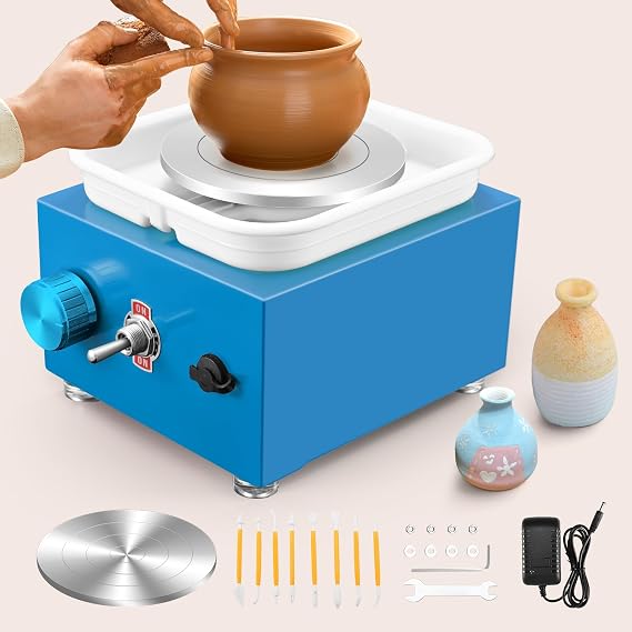 Mini Pottery Wheel, Ovshnrr 2 Plates Turntable 10/6.5cm Pottery Wheel, 2000RPM Adjustable Speed Mini Pottery Wheel with Shaping Tools for Pottery DIY, Pottery Teaching, Children and Beginner(Blue)