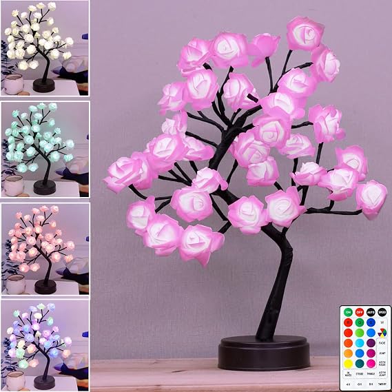 18 Colors Rose Tree Lamp, Color Changing Multicolor Rose Table Lamp with Remote, Pink Flower Lamp Girls Gift for Mothers Day, Lighted Tabletop Tree for Christmas Valentines Day Wedding Decor