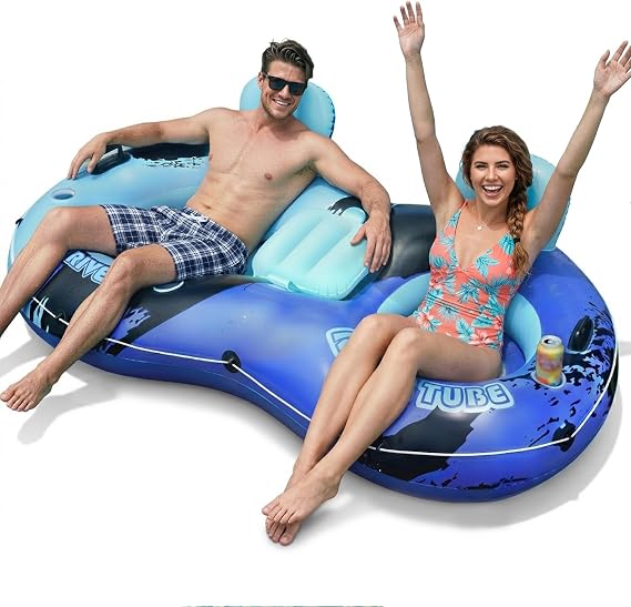Heavy Duty 2 Person Floats for Adults, 91" X 50" Inflatable River Tube, Adult Floats for Lake, Swimming Tubes with Backrests, 2 Cup Holders, Storage Compartment