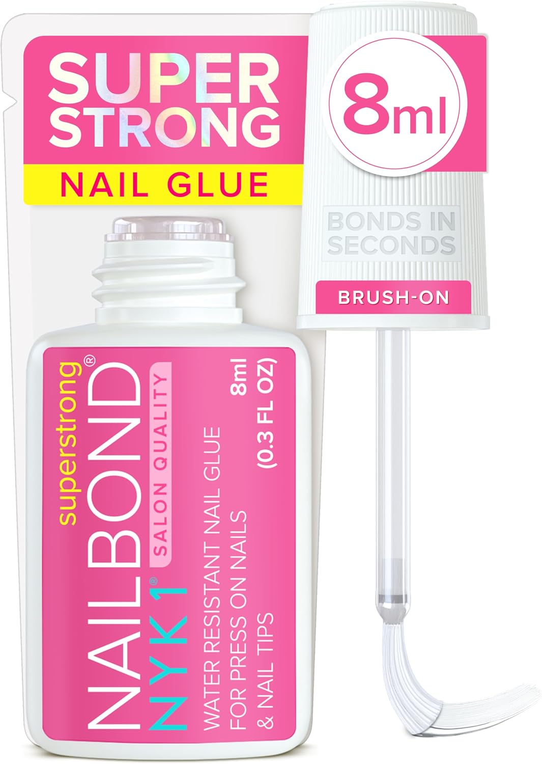 Super Strong Nail Glue for Press On Nails, Tips & False Nails 8ml NYK1 NailBond Brush On Nail Glue Extra Strong for Press Ons, Tips & Acrylics - Long Lasting, Maximum Strength, Mess-Free Application