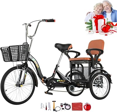 Tricycle Adult Foldable Trike Pedal 3 Wheel Bikes, with Rear Seat and Front & Rear Basket, Double Chain 21Inch Adjustable Folding Bicycle Cruise Bike, for Seniors KidsColor:Black