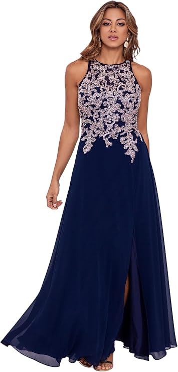 Betsy & Adam Women's Betsy & Adam Women's Sleeveless, Floor-Length, Gown with Embroidered Illusion Bodice and Flowing Skirt