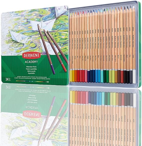 Derwent Academy Watercolor Pencils, 3.3mm Core, Metal Tin, 24 Count (2301942)