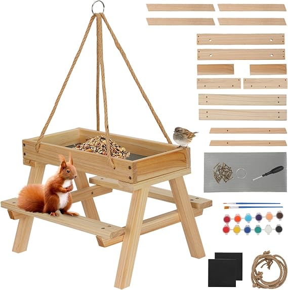 Squirrel Picnic Table Feeder with Paint Set, DIY Wood Building Kits for Adults, Creative Picnic Table for Squirrels, Birds & Other Poultry, Build Your Own Bird Feeder Kit