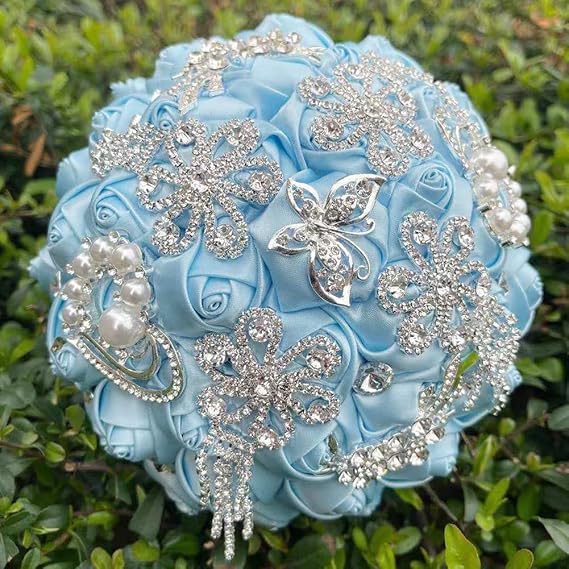 Sharebeauty 7.1 Inch Handmade Satin Rose Bridal Bouquet Toss Round Wedding Bouquet Throw Toss Artificial Flower Bunch Light Blue