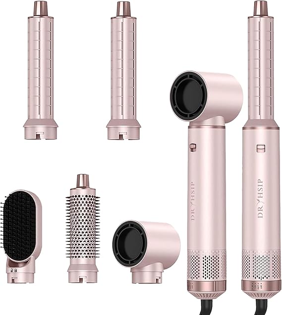 Dryhsip 5 in 1 Hair Styler & Wrap Air Curler, Low-Speed Negative Ionic Hair Tools Drying, Multi Hair Styler, Professional Blow Dryer Brush for Curling Volumizing Straightening Styling (Pink)
