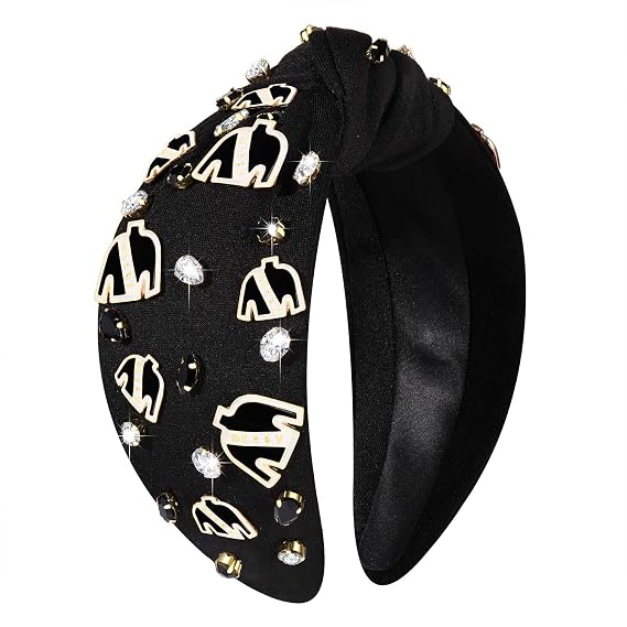 Hairband - Derby C-Black, Fabric, Rhinestone and Metal Knotted Jeweled Wide Top Knot Headband for Women, Horse Racing Hair Accessory