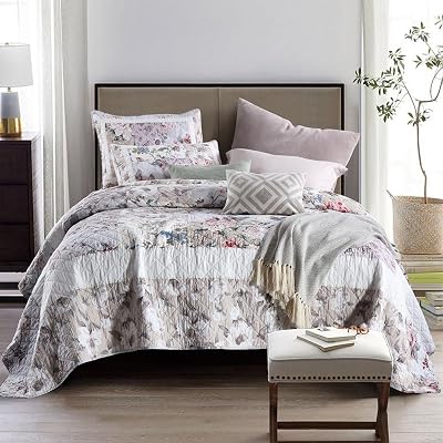 Cotton Bedspread Quilt Bedding Sets 3 Pieces Reversible Coverlet Sets Comforters Vintage Floral Patchwork White Bedspread, King Size