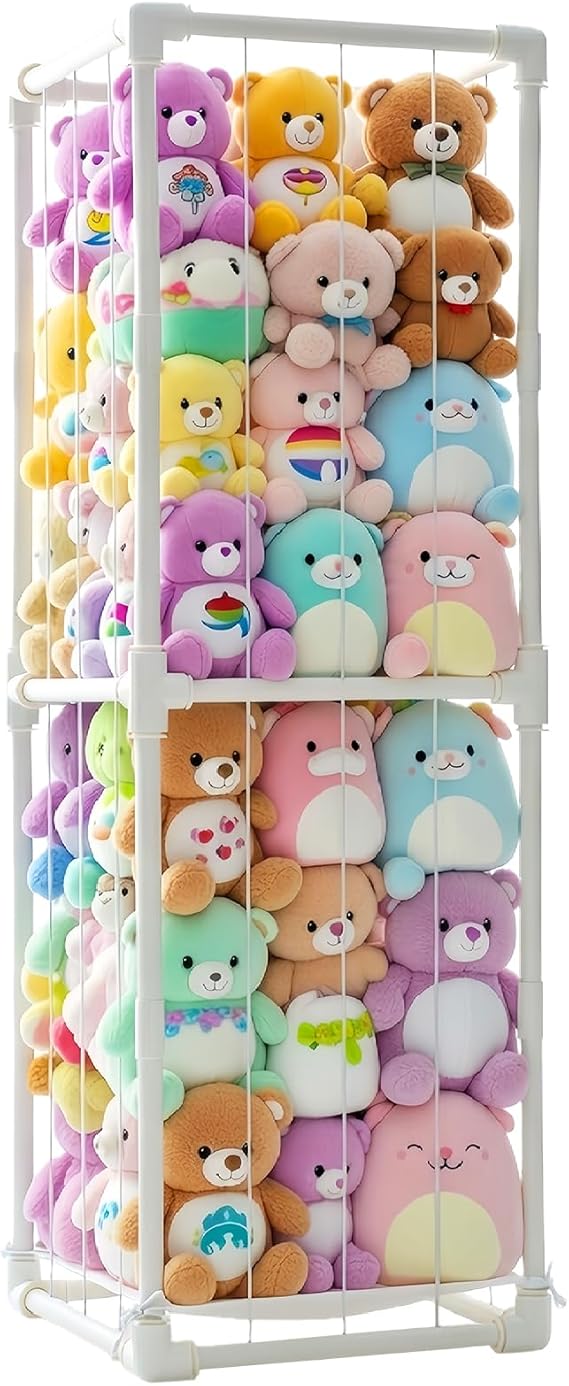 Large Stuffed Animal Storage Zoo Cage Holder, 19"x19"x56.3" Pre-Threaded Bungee Upgrade PVC Toy Organizers and Storage, Vertical Space Saving Plush Toys Zoo Holder, for Bedroom Playroom, White