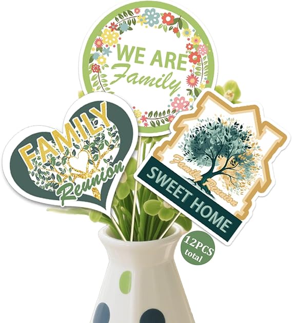 Family Reunion Centerpiece Sticks 12Pcs Family Tree Photo Booth Props We are Family Table/Cake Toppers for Housewarming/Adoption/Family Gathering Party Decorations