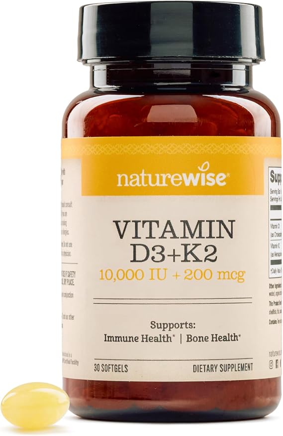 NatureWise Vitamin D3 10,000 IU Plus K2 (MK-7) 200 mcg with Organic Extra Virgin Coconut Oil - Supports Calcium Absorption, Bone, Heart & Immune Health - Non-GMO, Soy & Gluten-Free - 30 Softgels