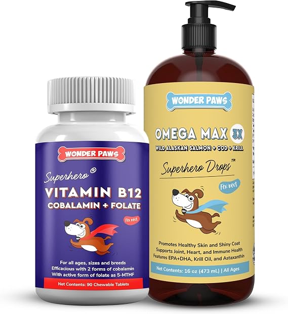 WONDER PAWS Vitamin B12 Tablets Plus Omega Max Fish Oil - for Dog's Skin Health, Respiratory and Cell Health & Immune Support B12 90 Chewable Tablets - Omega Max 16 Ounces