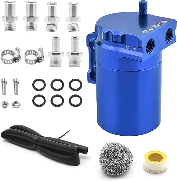 350ml Universal Oil Catch Can 0046 Aluminum Polish Baffled Reservoir Car Oil Catch Can Kit with 3/8" Fuel Line/6 Fittings/Stainless Steel Wool/Thread Seal Tape/Necessary Screws,Blue