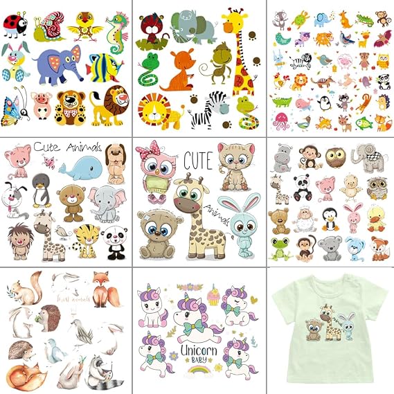 Cute Animal Iron on Stickers Patches 8 Sheets Butterfly Lion Unicorn Cartoon Animal Heat Transfer Stickers Decals DIY Kids Baby Boys Girls Clothes Jeans T-Shirt Hat Bag Decoration Applique