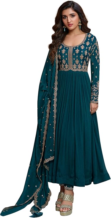 TRENDMALLS Women's Silk Blend Embroidery Anarkali Kurta Pant Set with Dupatta Salwar Suit Set for Women