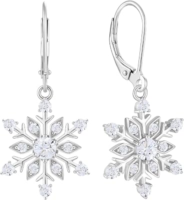 Snowflake Earrings for Women 925 Sterling Silver Winter Dangle Drop Earrings Birthstone Leverback Jewelry for Christmas