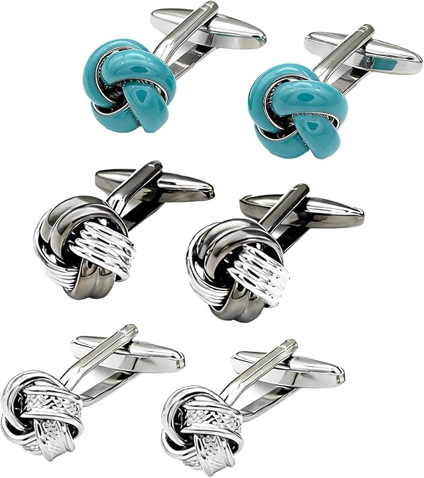 Twist knot Cufflinks Silver Floral Modern Cuff Links for Wedding & Formal Business 3 pack Cufflin for Men Set