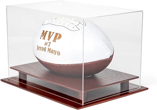 DECOMIL - Football Display Case Holder, Football Case, UV Protection No Assembly Panels, All 4 Sides Visible, Solid Wood Base - Cherry Finish