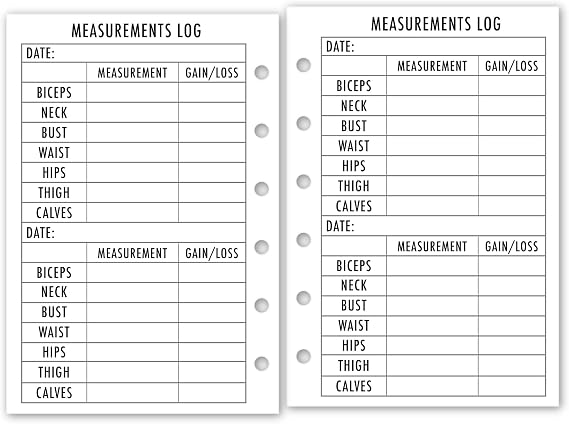 Pocket Body Measurements Planner Insert Refill, Fitness Log Pages