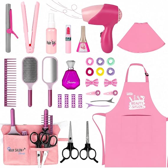deAO Girls Beauty Salon Set, 32PCS Kids Beauty Salon Toy Kit,Pretend Play Hair Stylist Toy Kit with Hairdryer, Barber Costume Apron,Hair Styling Toy Playset Christmas Birthday for Girls