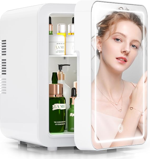 BOGDA Mini Skincare Fridge (4 Liter/6 Can) with Dimmable LED Light Mirror, Cooler and Warmer for Refrigerating Make Up, Skin Care and Food, Portable Mini Fridge for Bedroom, Office and Car, White