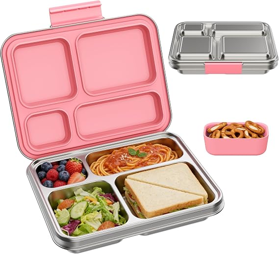 BABHAMNESS Stainless Steel Kids Bento Lunch Box, 4-Compartments with Silicone Container, Dishwasher-Safe, Child-Friendly Design for School and Travel,BPA-Free(Pink)