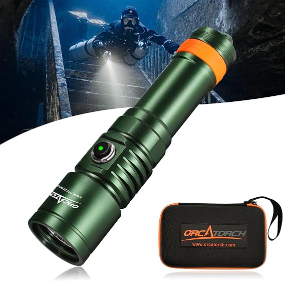 ORCATORCH D710 Dive Light, 3000 Lumens Bright Diving Flashlight, Green | 6 Narrow Beam, 4 Modes (High/Med/Low/Turbo), Power Indicator & Switch Locking Design, IP68 Waterproof for Scuba Diving