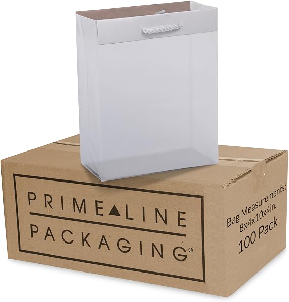 Prime Line Packaging Clear Shopping Bags with Handles, 8x4x10 100 Pack, Small White Gift Bags for Retail, Merchandise, Small Business, Boutiques, Bulk