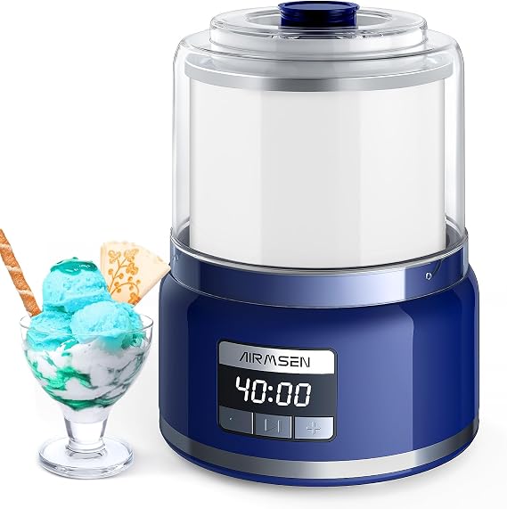 AIRMSEN Ice Cream Maker, 2.1-Quart Automatic Ice Cream Machine with LED Screen and Timer for Gelato Milkshakes Sorbet, Double-Insulated Freezer Bowl, Compact Size, Perfect for Family (Blue, Large)