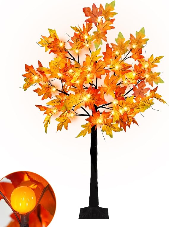 4FT Maple Trees with 48 LED Lights and 12 Pumpkins - Fake Fall Light Up Tree Artificial Autumn Maple Trees for Indoor Outdoor Thanksgiving Decor