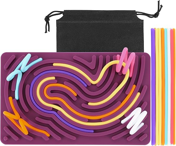 ddLUCK Sensory Activity Board for Autism ADHD, Fidget Toys for Kids Adults | Silicone, Purple, Double Side, with 6 Colors 20 Strings & Storage Bag, for Stress and Anxiety Relief Plane Calming Silent Toy
