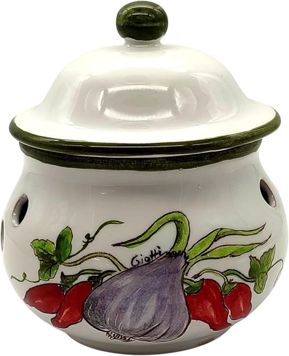 Italian Ceramic Garlic Keeper - Hand Painted kitchen Storage Garlic Jar with lid Tea Coffee and Spices- Made in ITALY Tuscany - Italian Pottery - Home Decor peppers