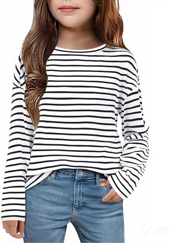 Arshiner Girls Striped Long Sleeve Shirts Drop Shoulder Casual Fashionable Crewneck Blouse Tee Tops
