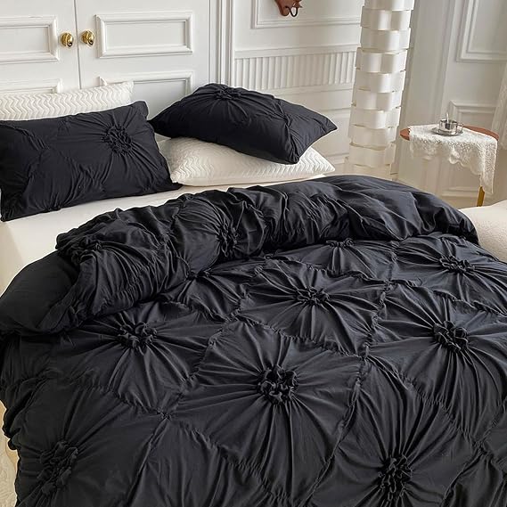 Maylrvjv Black Duvet Cover Twin Size - 2 Pieces Pinch Pleated Flower Soft Bedding Set, Includes 1 Comforter Cover 68x90 Inches with Zipper Closure & 1 Pillow Shams,Comforter Not Included