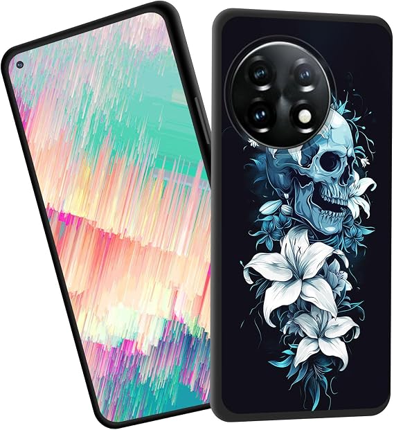 for OnePlus 13 Case,Slim Shockproof TPU Soft Rubber Silicone Cover Phone Case for OnePlus 13,Blue Skull White Flower