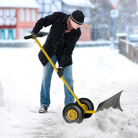 Snow Pusher,Snow Shovel with Wheels,Snow Shovel for Driveway,Snow Plow Shovel with 10" Pneumatic Wheels, Angle Adjustable Blade & Handle29 W X 16.5" H (Yellow)