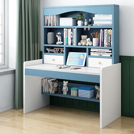 Writing Desk with Storage Shelves and 2 Drawers, Home Office Desk Computer Desk Writing Study Workstation, Adjustable Height (39 Inch)(Blue,47Inch)