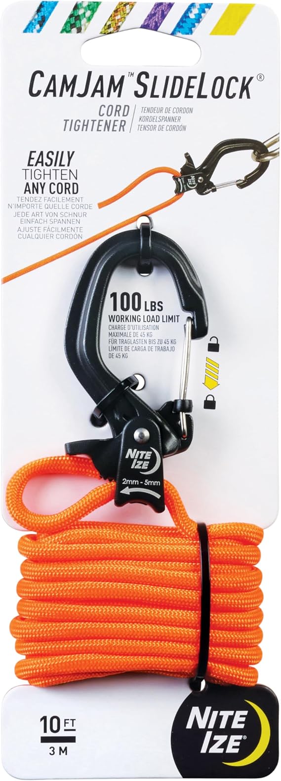 Nite Ize CamJam SlideLock Cord Tightener & 10 ft Paracord - Features Pull-to-Tighten Lock & Quick-Release Lever - 100 lb Working Load Limit - Fits Cord Sizes 2?5mm - Small