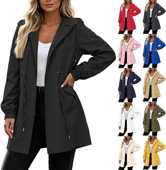 Long Rain Jacket Women Waterproof Outdoor Hiking Raincoat Lightweight Rain Coats Adjustable Hood & Waist Trench Coat
